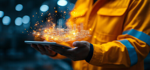High tech tablet displaying holographic city model in construction setting. worker in yellow safety jacket interacts with digital cityscape, showcasing innovation and technology