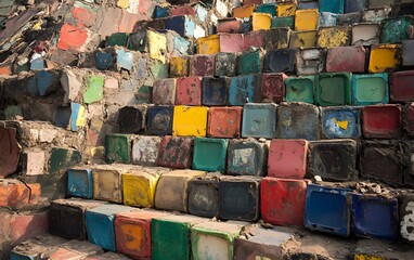 Vibrant steps adorned with a mosaic of colorful blocks create a lively and artistic atmosphere, showcasing a unique form of cultural expression in urban architecture.