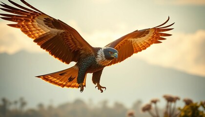 Obraz premium Majestic bird of prey in flight, wings outstretched against a soft, golden sunrise sky, showcasing its powerful build and vibrant plumage