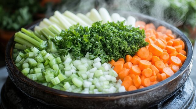 A steaming bowl of cold vegetable soup, its broth infused with the flavors of carrots, celery, onions, and herbs, offering a refreshing respite from a hot day, its aroma a symphony of earthy goodness.