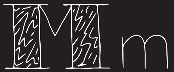 capital letter M and lowercase letter m hand drawn with curved white lines on a black background