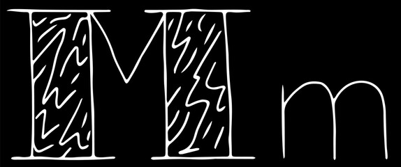 capital letter M and lowercase letter m hand drawn with curved white lines on a black background
