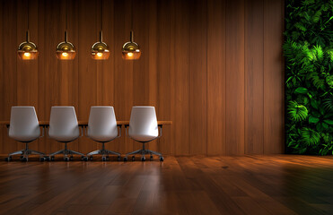 Modern luxury conference room with wooden paneling and stylish chairs, featuring elegant lighting and vibrant green wall. perfect blend of sophistication and nature