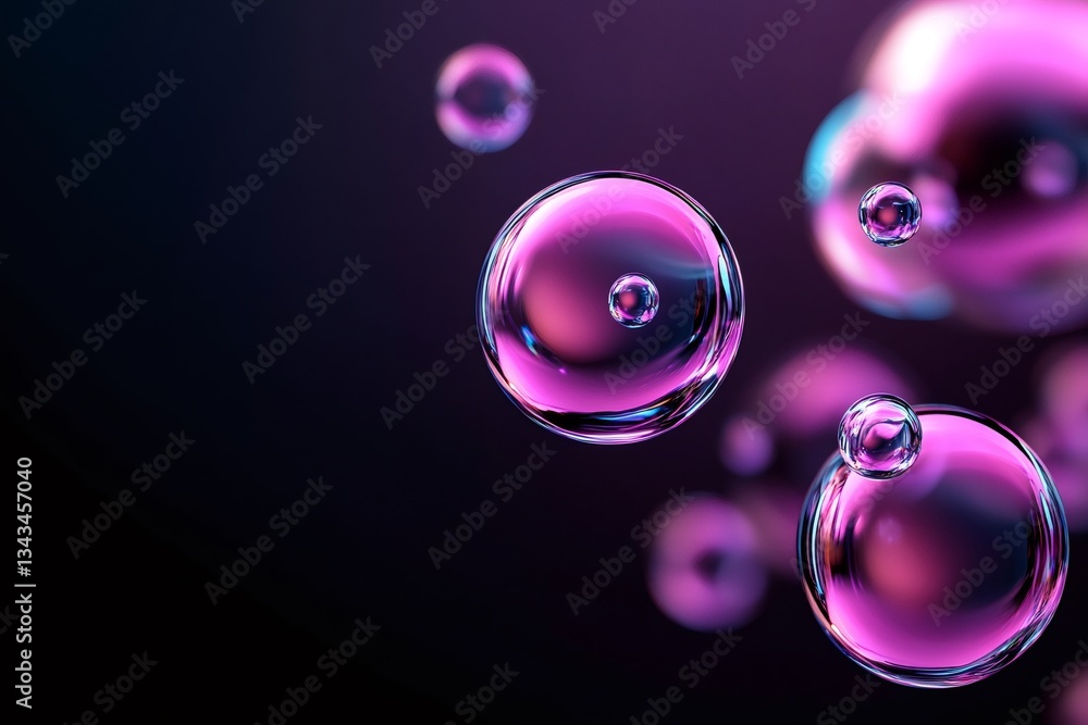 Poster Soap bubbles floating creating abstract pattern on dark background