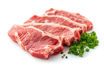 Fresh lamb chops with parsley and peppercorns resting on white background