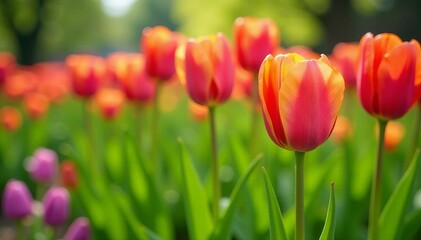 Fresh green tulip buds with vibrant colorful flowers in lush spring setting, spring, flowers