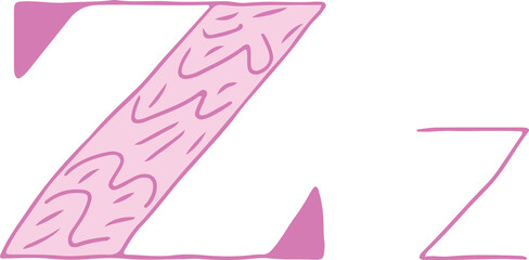 capital letter Z and lowercase letter z hand drawn with curved purple lines with light pink fill