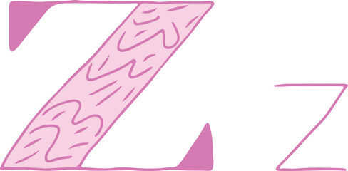 capital letter Z and lowercase letter z hand drawn with curved purple lines with light pink fill