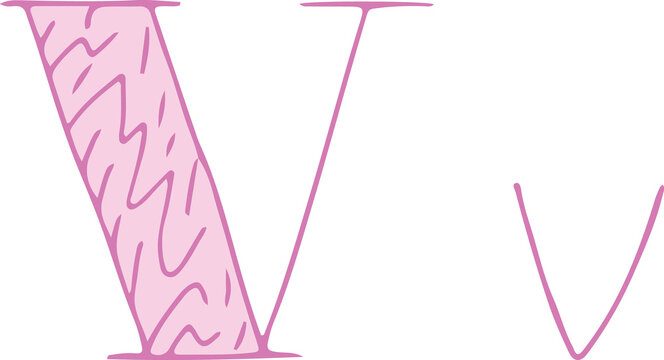 capital letter V and lowercase letter v hand drawn with curved purple lines with light pink fill
