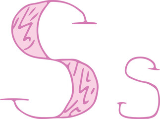 capital letter S and lowercase letter s hand drawn with curved purple lines with light pink fill