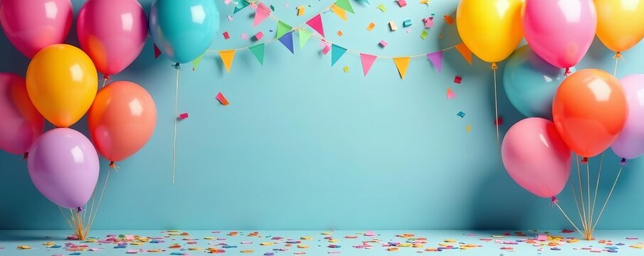 Festive confetti and balloons set against a happy birthday backdrop for one year celebration, party decor, decorations