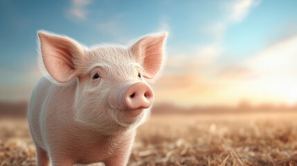 This charming image captures a happy piglet in a serene landscape, showcasing the joy and innocence of farm life under a stunning sunset sky.