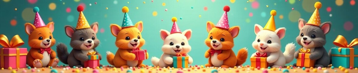 Fototapeta premium Festive birthday party scene with cute animals in party hats and presents, cartoon, festive