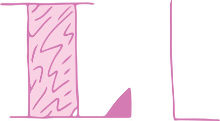 capital letter L and lowercase letter l hand drawn with curved purple lines with light pink fill