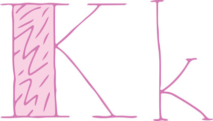 capital letter K and lowercase letter k hand drawn with curved purple lines with light pink fill