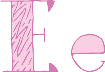 capital letter E and lowercase letter e hand drawn with curved purple lines with light pink fill