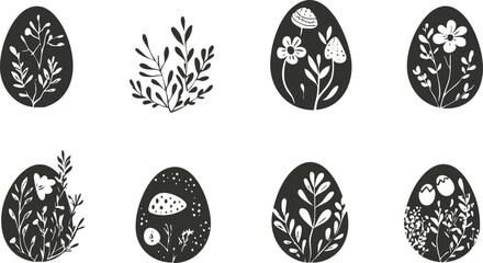 Silhouette easter eggs with floral and mushroom designs in black and white style