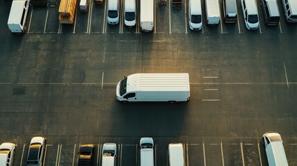 Aerial view of a white cargo van driving in a large parking lot filled with various vehicles at sunset.