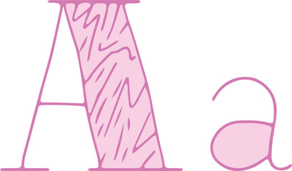 capital letter A and lowercase letter a hand drawn with curved purple lines with light pink fill
