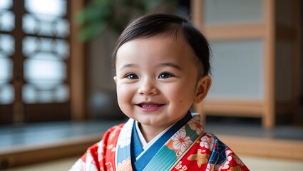 Fototapeta premium Joyful Baby Wearing a Vibrant Red and Blue Kimono, Sitting on a Wooden Floor with a Cheerful Expression and a Traditional Cultural Attire