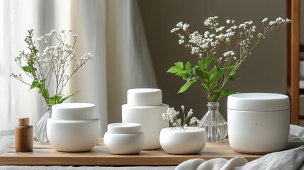 A sleek and modern arrangement of white cosmetic containers, adorned with minimalist designs, showcased their elegance and purity.