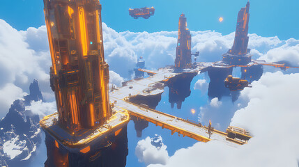 Futuristic sky city with ancient magical technology