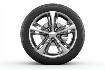 Fototapeta premium Glossy black car wheel on white background. AI generated