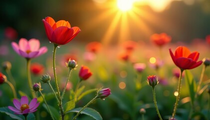 Naklejka premium Fresh dew drops glistening on vibrant wildflowers during sunrise, sunlight, dewy, wetlands