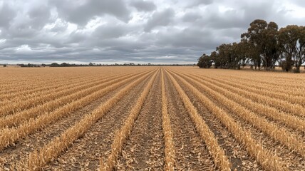 Harvested Cornfield Under a Cloudy Sky