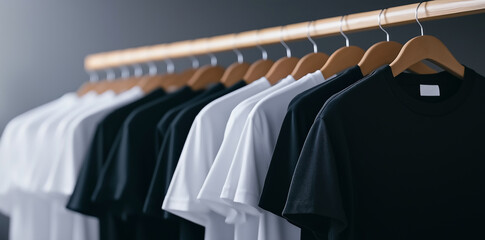 Obraz premium Folded black and white t shirts neatly arranged on hangers, showcasing minimalist style. Perfect for casual wear or fashion displays
