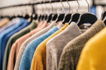 An array of colorful sweaters displayed on a clothing rack