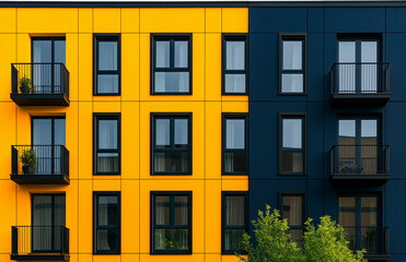 Obraz premium Modern building facade with contrasting yellow and black panels, featuring balconies and windows. vibrant colors create striking visual appeal