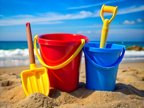 Colorful bucket and spade on sandy beach with blue sea background