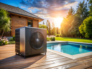 Outdoor air conditioner with swimming pool in the garden at sunset