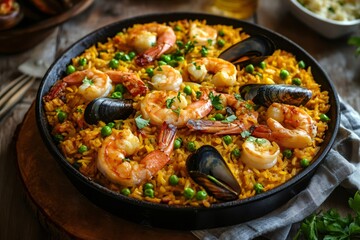 Fototapeta premium Delicious traditional spanish paella with shrimps and mussels cooking in pan