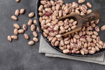 Plate full of dried pinto beans with a wooden scoop on napkin on gray table top view, copy space