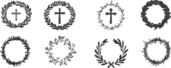 Fototapeta premium Set of eight decorative laurel wreaths and christian crosses in black and white design