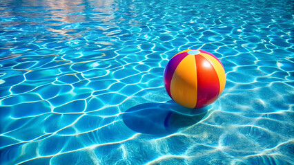 Colorful inflatable ball floating in swimming pool. Summer vacation concept