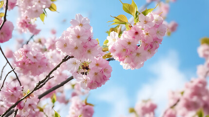 Cherry blossom branches in full bloom against a clear blue sky