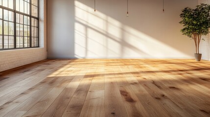 Obraz premium An open and bright space showcasing warm wood flooring and large windows, allowing natural light to flood in, creating a welcoming and relaxed atmosphere for various uses.