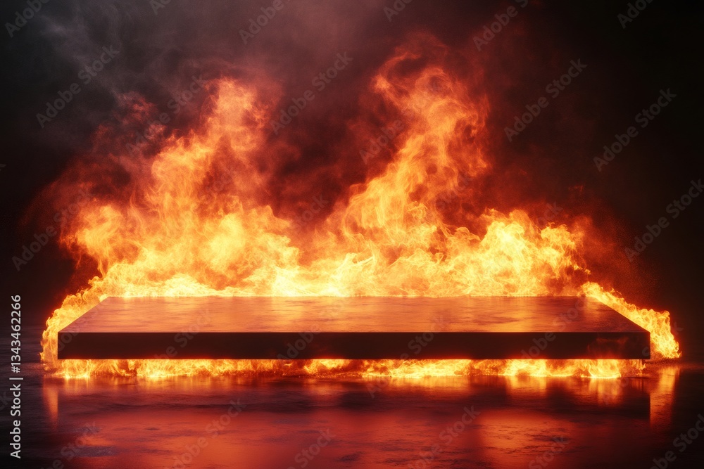 Poster empty stone podium burning in flames on dark background