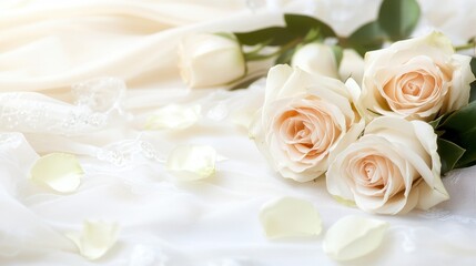 Beautiful white roses and petals lying on delicate fabrics