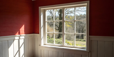 White window in the red wall of a country house with a view of the countryside