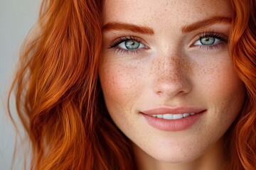 Obraz premium Portrait of smiling redhead model with freckles showing perfect skin and hair