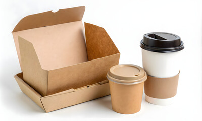 Takeaway coffee cup and paper box isolated on white background with clipping path