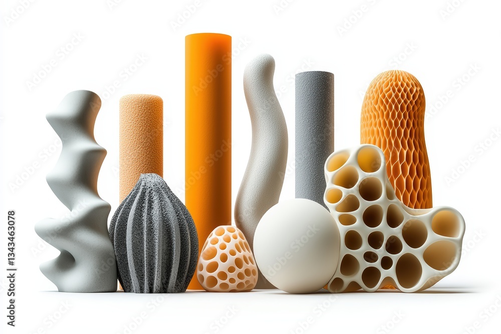 Poster collection of unique abstract shapes in varied textures and colors, showcasing creativity and design