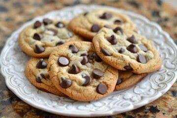 Naklejka premium Stack of chocolate chip cookies on marble table. AI generated
