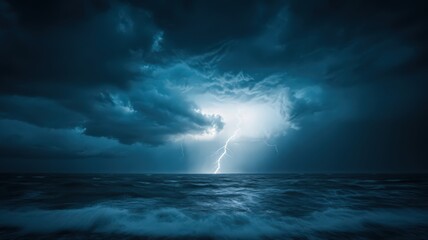 Night Storm at Sea: Dramatic Lightning Strike over Dark Blue Waters
