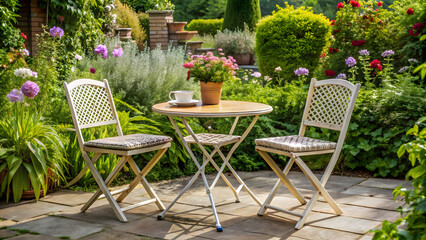 Outdoor patio with table and chairs in a beautiful summer garden.