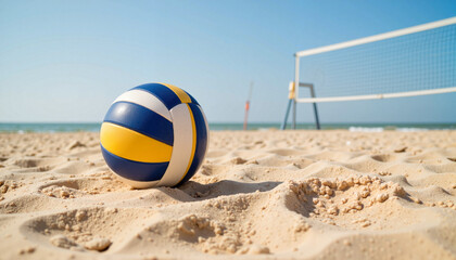 Close-up of a volleyball on sandy beach court, summer fun